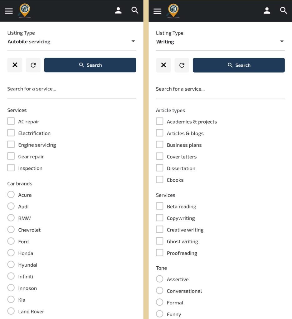 Lystingz filters for services and businesses